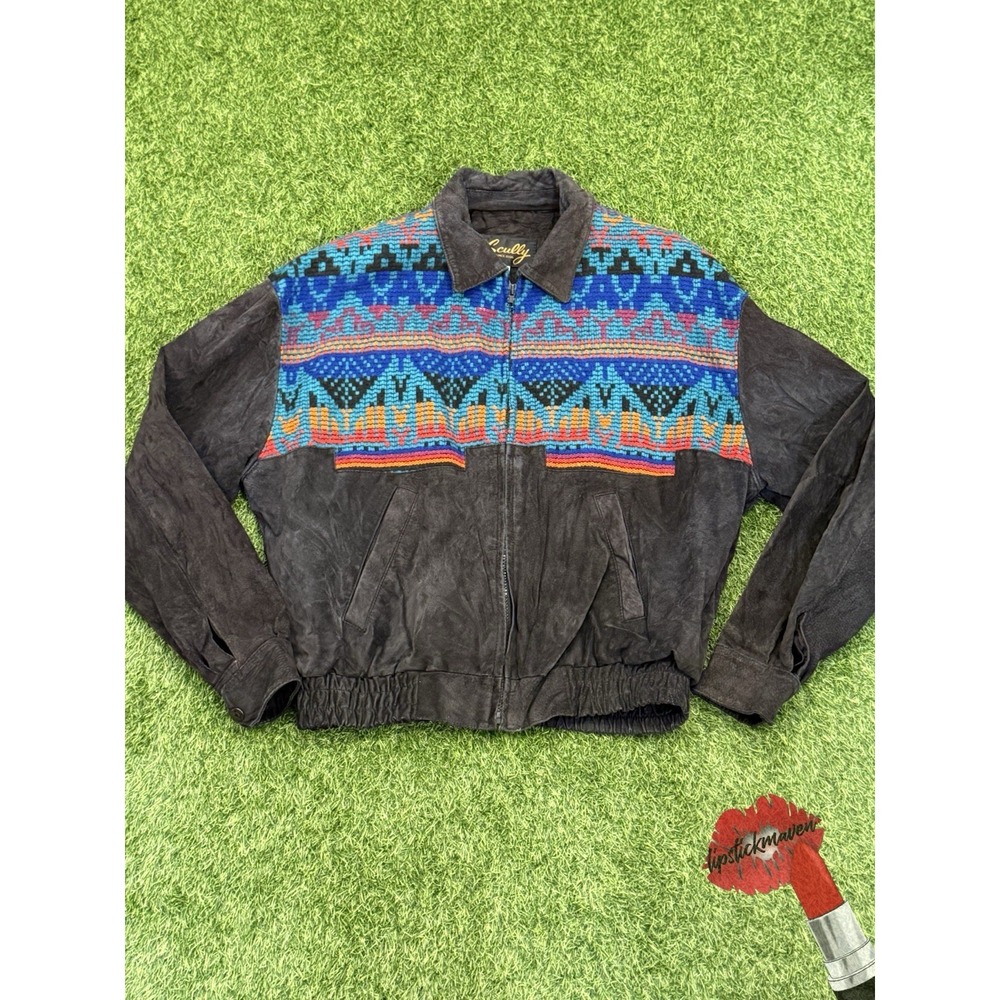 Vintage Scully Suede Jacket Mens 44 Black Aztec Tapestry Southwestern Leather